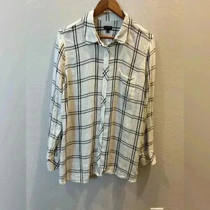 Talbots Women's Windowpane Plaid Button Up Blouse‎ Long Sleeve Ivory XL